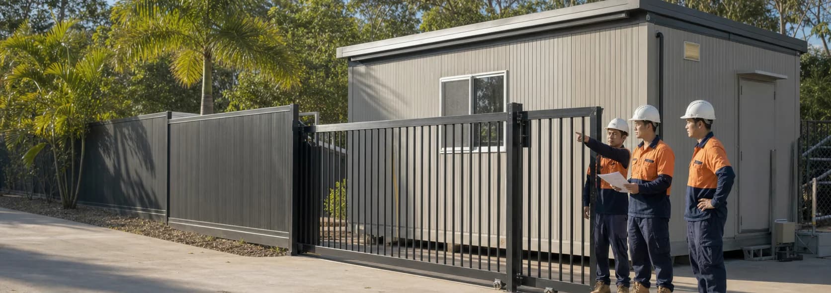 AUHUA Services crew reviewing a modular building, steel gate and concrete project site