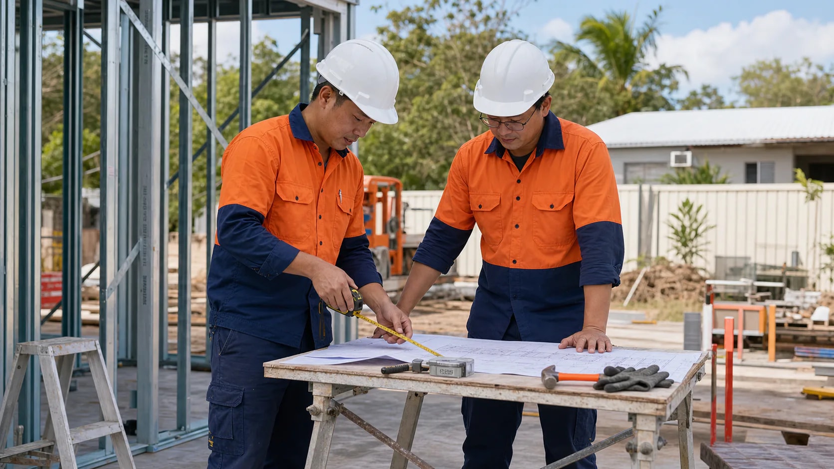 AUHUA Services team reviewing project plans on site